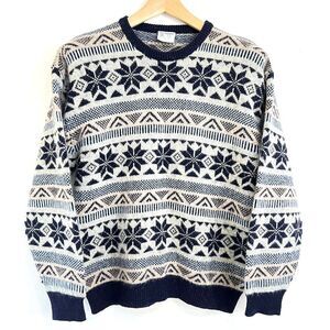 Vtg. Richmond 100% Wool Blue Gray Snowflake Pattern Sweater Womens Large Classic